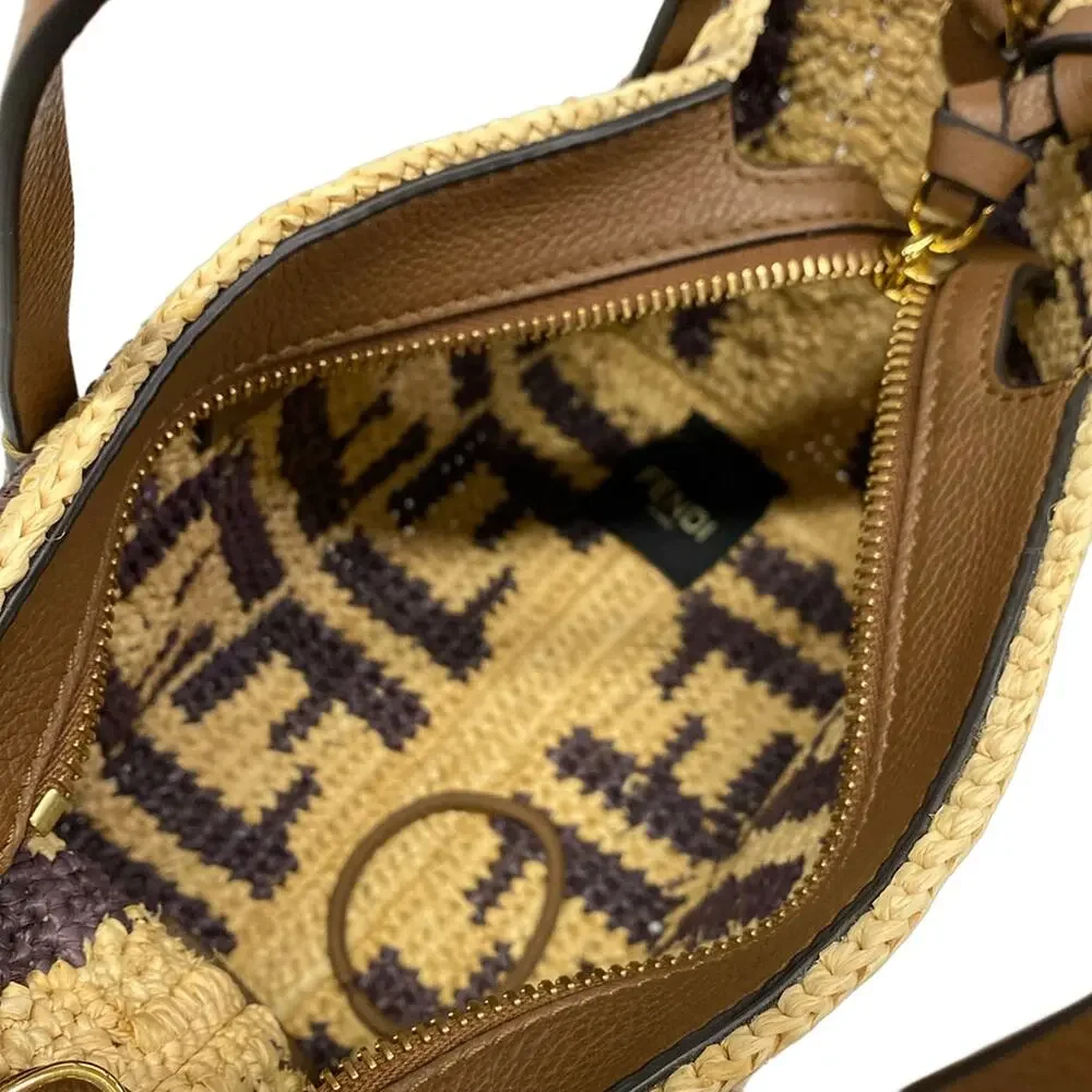 Fendi Roll Mini, Zucca Pattern Handbag 8BS096 Beige Dark Brown Straw Leather